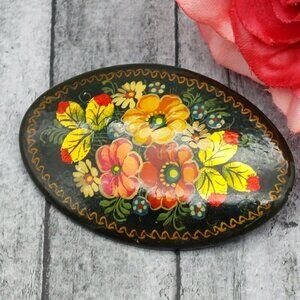 Vintage Black Floral Hand-Painted Russian Lacquer Pin Brooch Artist Signed 2.5